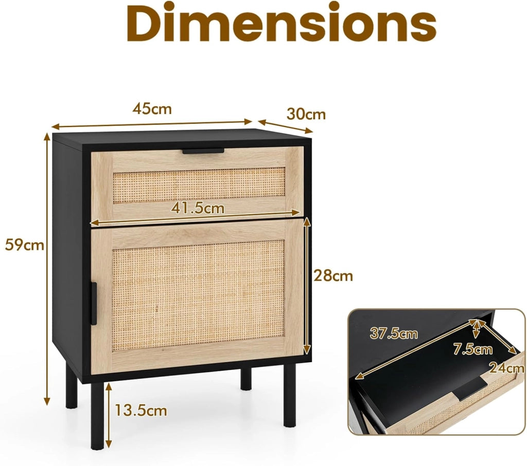 Set di 2 comodini con cassetto e anta in rattan, comodino con gambe in metallo, mobile camera da letto con armatura a porta, per soggiorno, ufficio, 45 x 30 x 59 cm, naturale (nero)