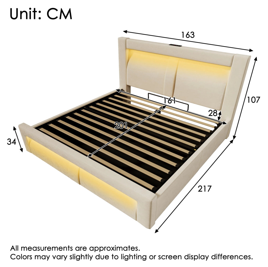 Letto matrimoniale 160x200 con contenitore LED e ricarica USB-C