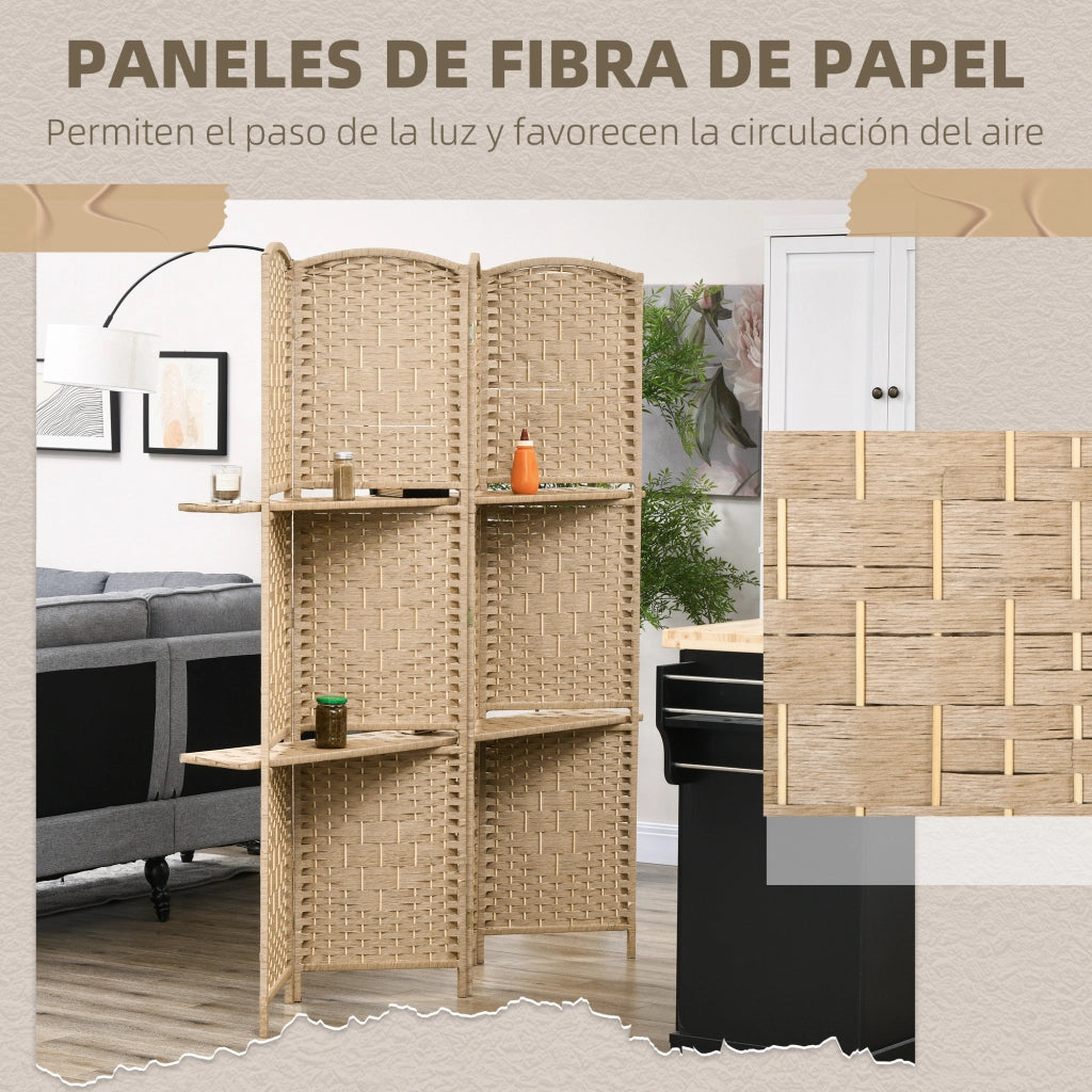 Biombo Separatore 4 Pannelli con Ripiani ¨C zephmum ¨C Legno Naturale 160x170 cm