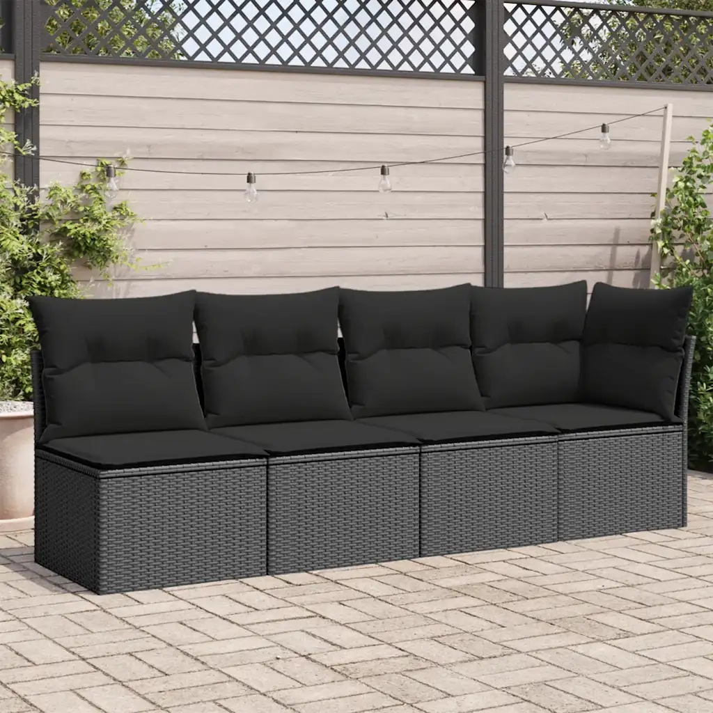 Divano da giardino con cuscini 4 Posti-Sofa da Giardino-Divano da esterno nero in polyrattan 755920
