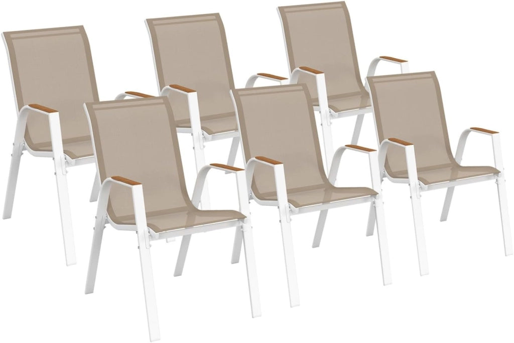 Set di 6 sedie da giardino impilabili NOUMEA in metallo e textilene in bianco e legno