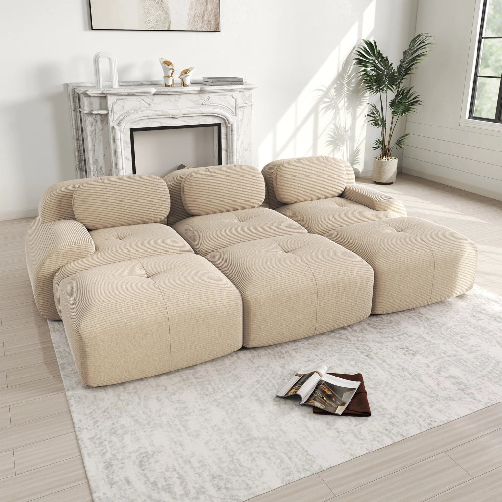 divano angolare modulare senza telaio in velluto a coste con braccioli curvi e schiuma 32D; beige