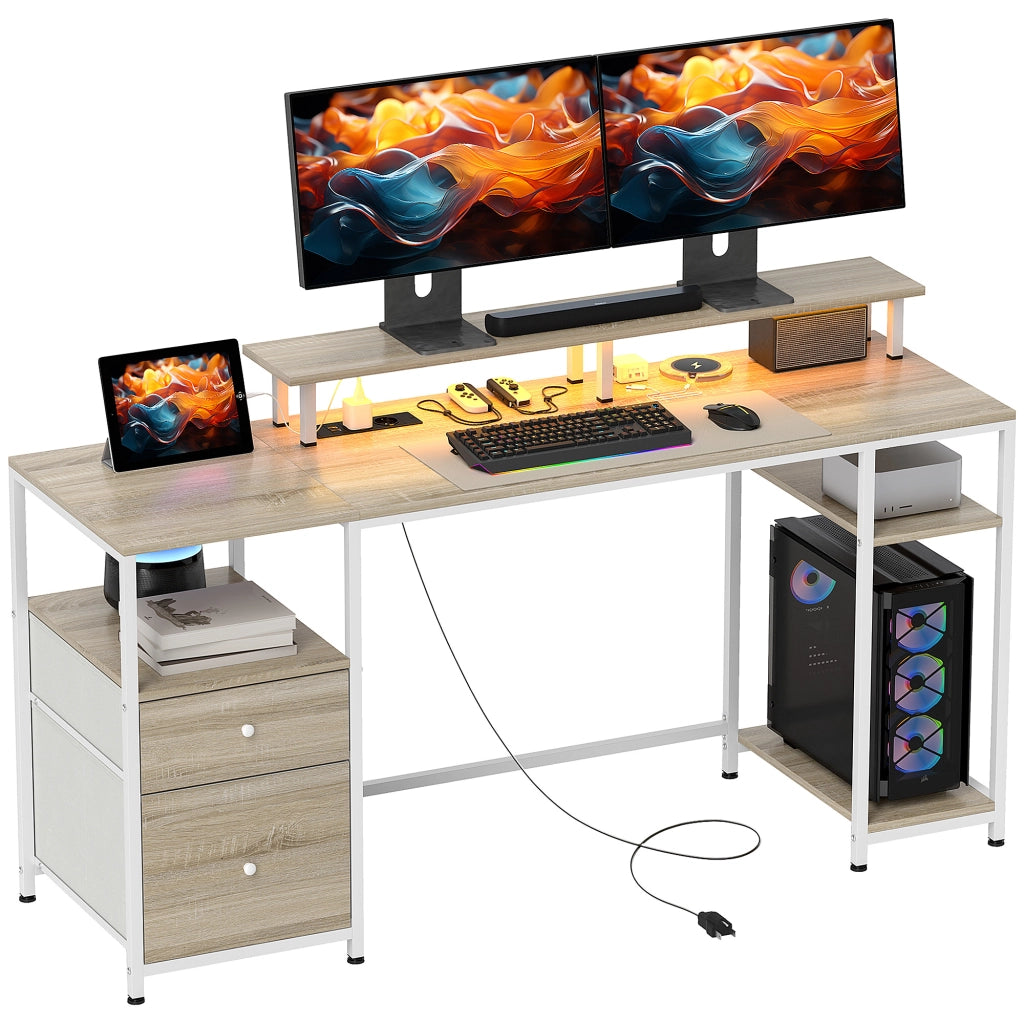 Scrivania con LED, Cassetti, Prese USB e Supporto Monitor ¨C zephmum ¨C Naturale 155.5x48x88.5 cm