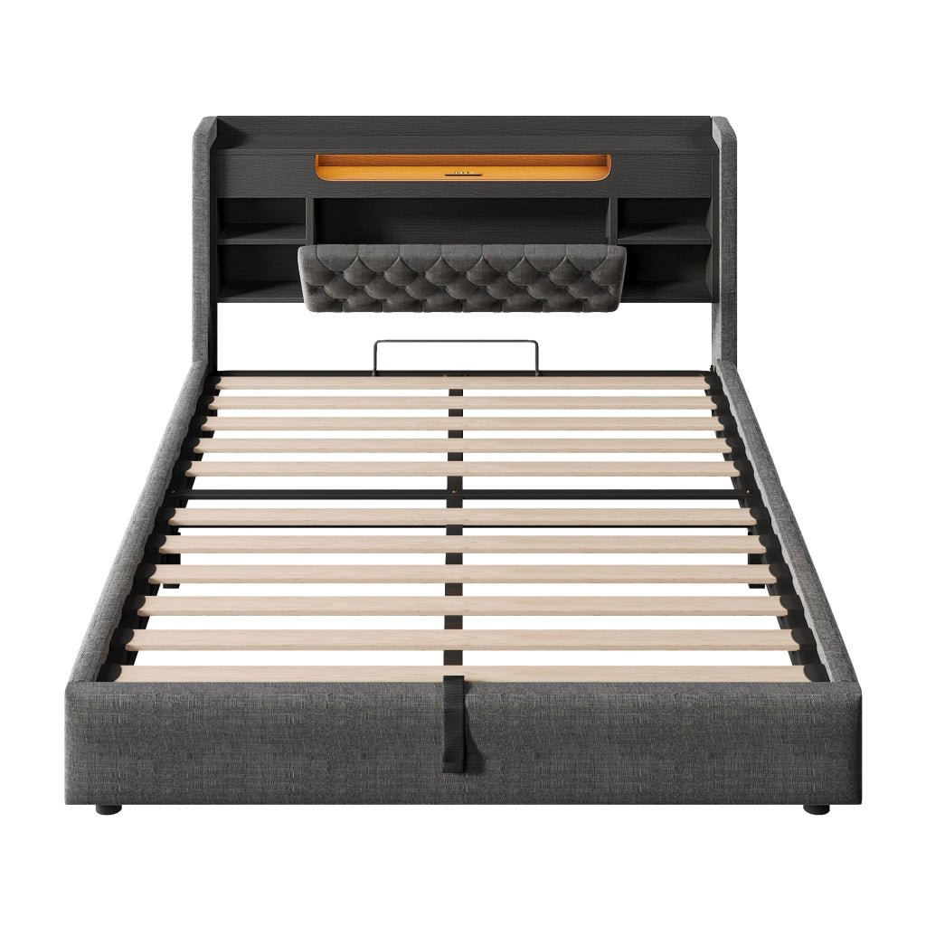 DESMIU Letto Contenitore 140 × 200 cm 2 posti con LED, USB e Type-C, senza materasso, in lino, grigio