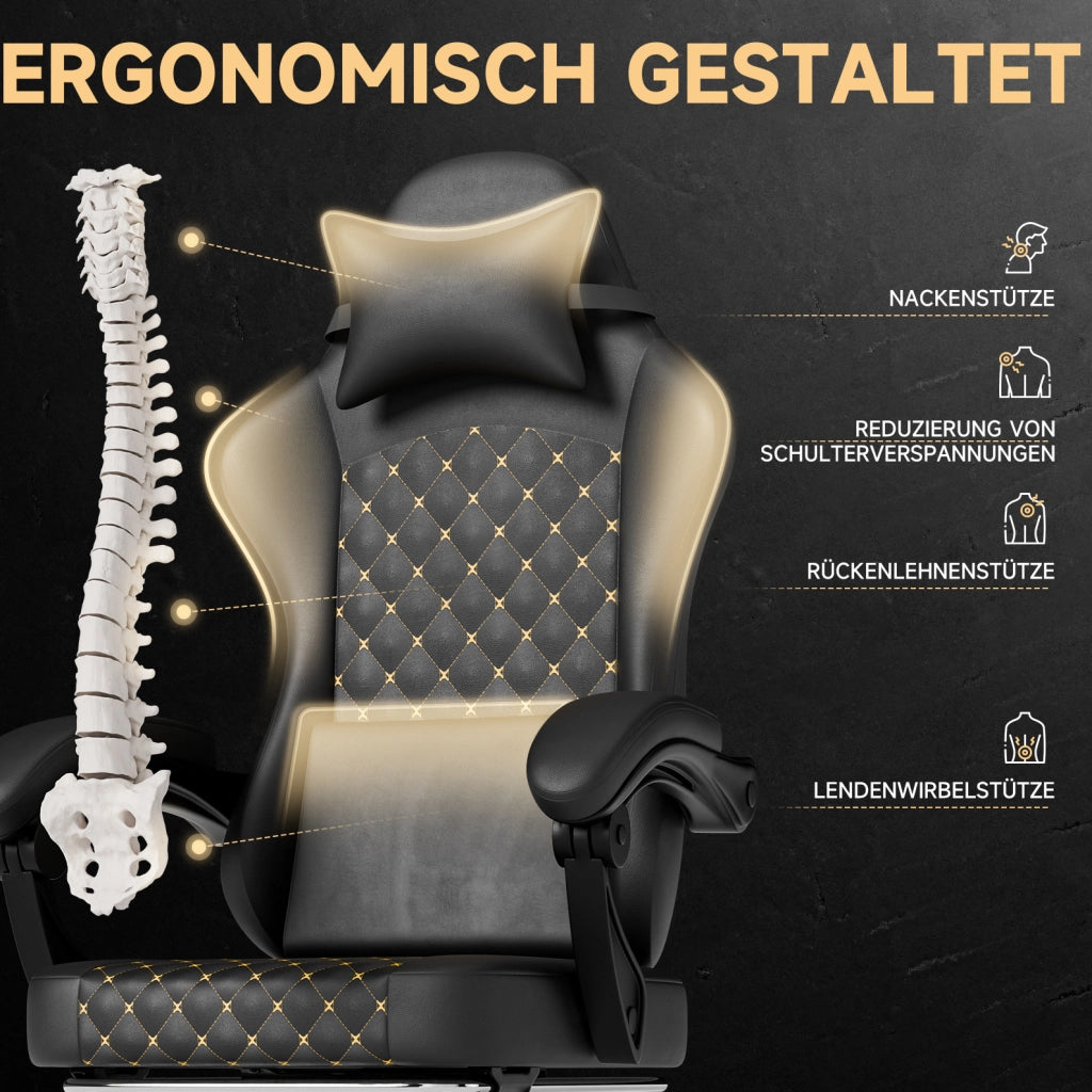 Sedia gaming ergonomica nera con poggiapiedi estraibile