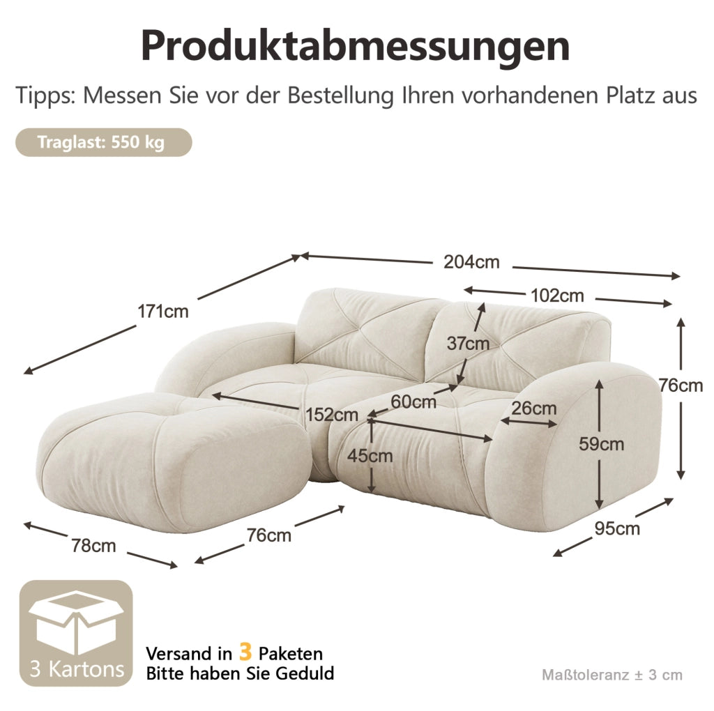 Divano modulare 2 posti in chenille beige chiaro con schiuma ad alta densità 32D e pouf