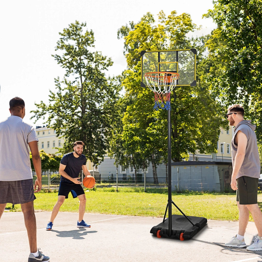 Canestro Basket da Esterno Ruote e Base Riempibile Altezza Regolabile 2,1-2,4 m Giallo