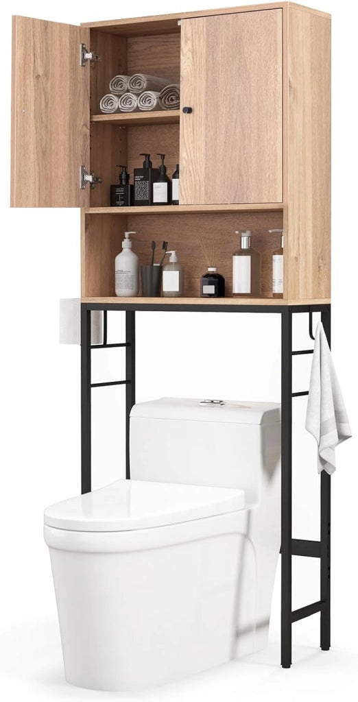 Scaffale Bagno 165,5 cm Sopra WC, Mobile Bagno Salvaspazio con 2 Porte, Ripiano Regolabile, Bara Inferiore Regolabile, 2 Ganci Laterali, Organizzatore sopra Gabinetto per Lavanderia (Naturale)