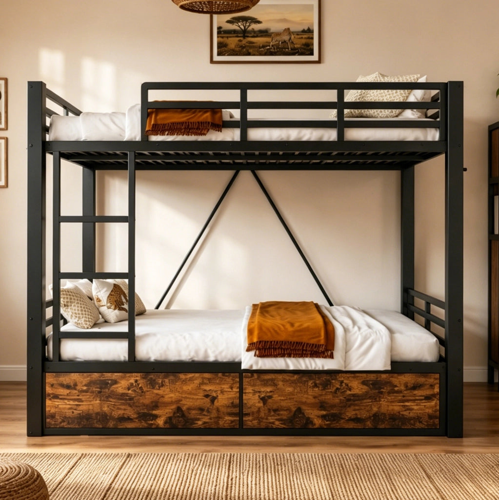 Letto a castello alto 140x200 cm in metallo e legno con cassetti; nero