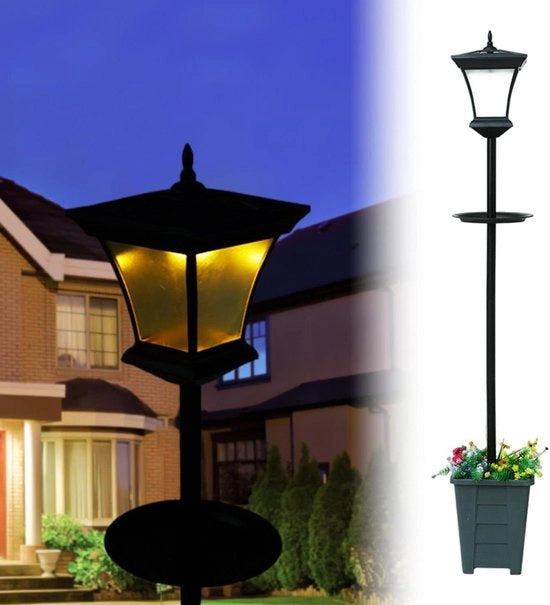 Lamp da giardino alimentato da energia solare con base vaso fiori e ciotola per uccelli, colore caldo bianco, IP44 impermeabile all'acqua - 200 cm, set di 1 pezzo nero