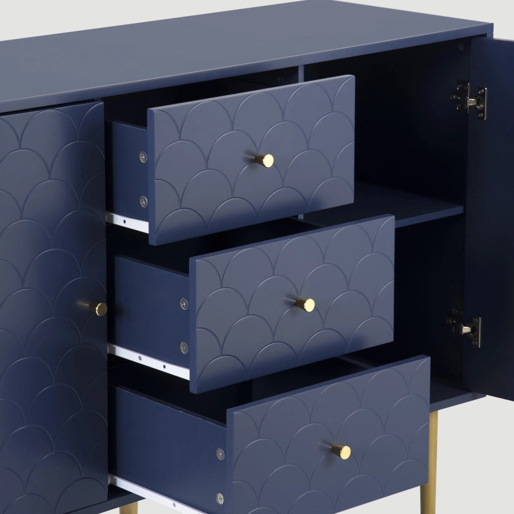 Comò con 2 Ante e 3 Cassetti; Ripiano Regolabile; per Soggiorno o Camera; in Legno e Metallo; 120 × 40 × 83 cm; Blu Navy
