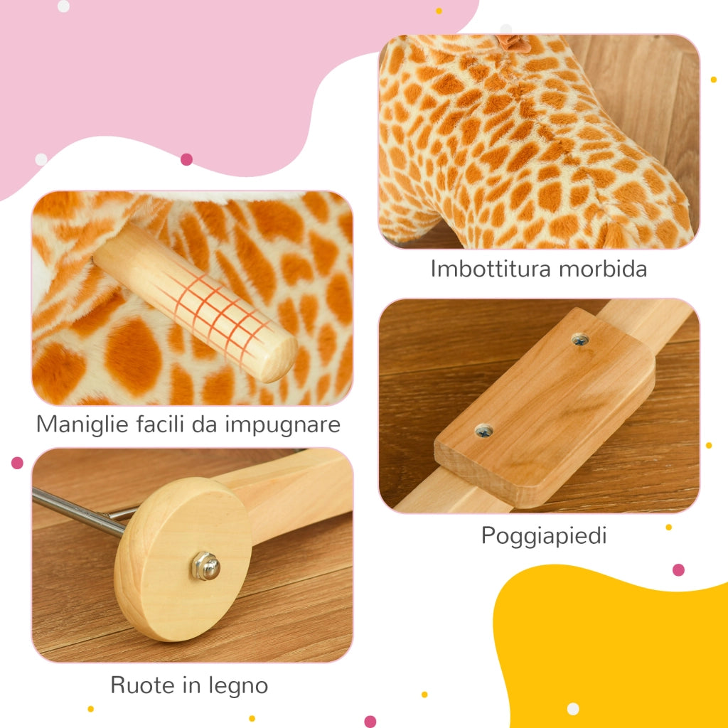 Cavallo a Dondolo Giraffa con Ruote e Suoni ¨C zephmum ¨C Giallo Legno 63x38x63cm