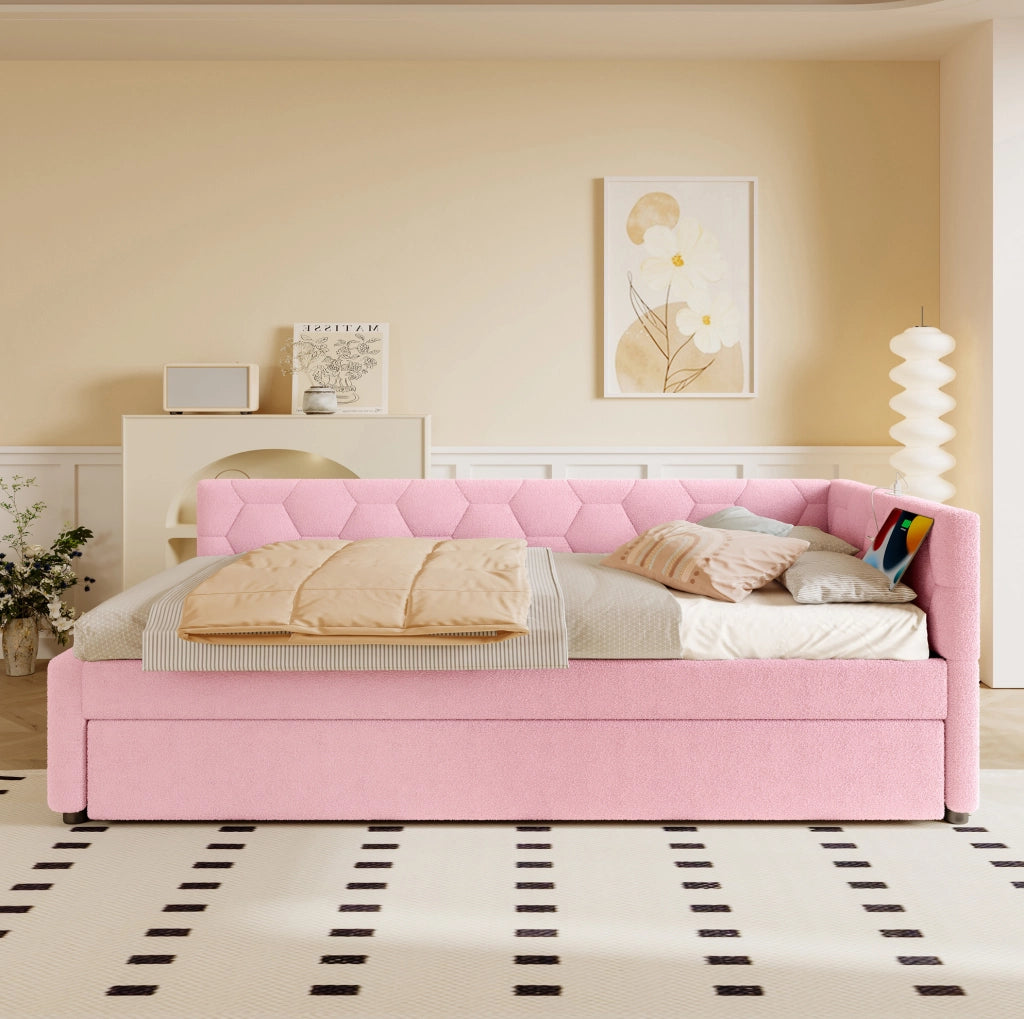 Letto singolo rosa 90x200 cm con letto estraibile, USB/Type-C e lampada