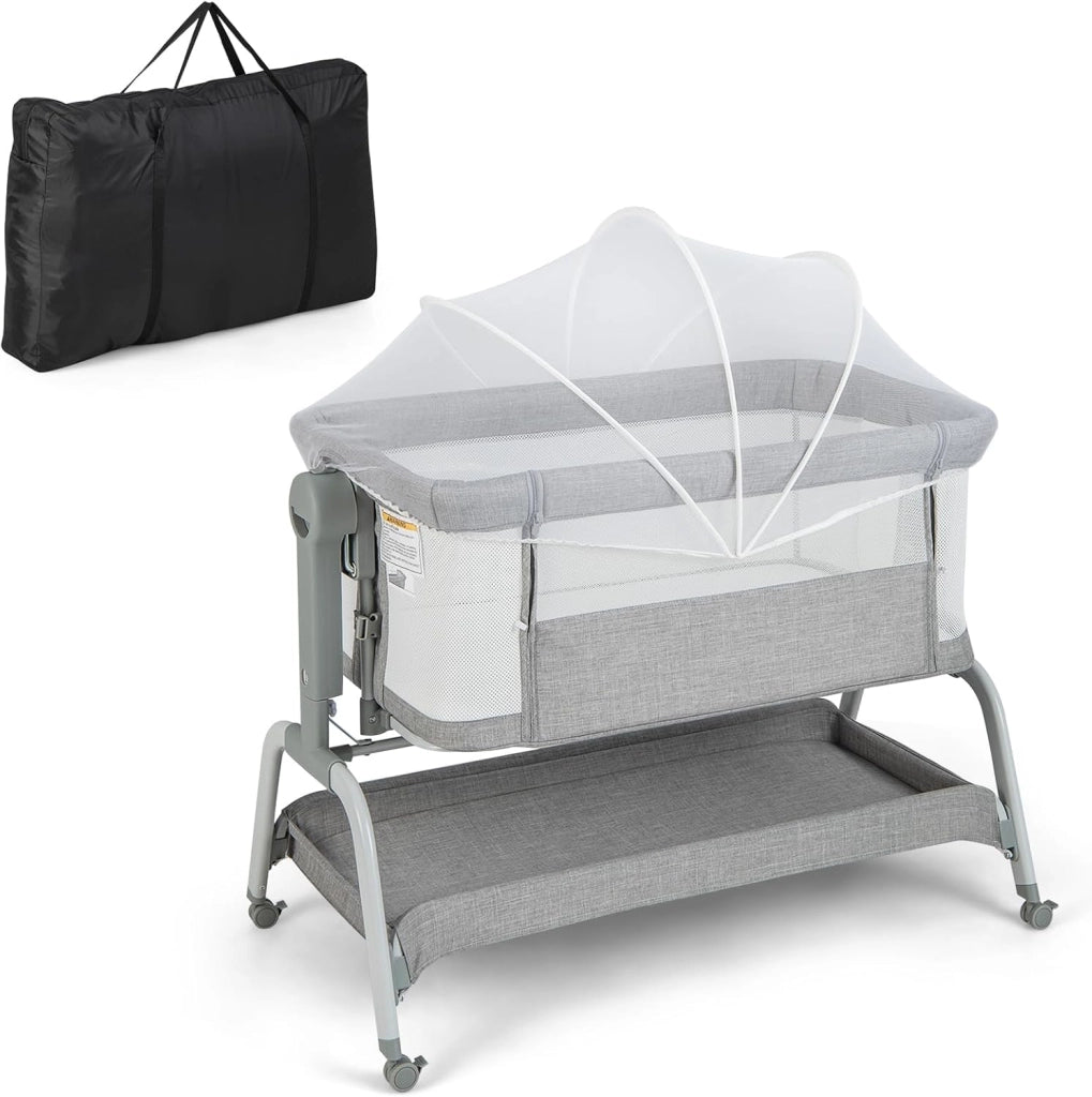 Culla Neonato Fianco 4 in 1, Culla Co-sleeping con Spondina Aperto, Altezza Regolabile, Inclinabile, Materasso Ruote Borsa da Viaggio Zanzariera Inclusi, 0-6 Mesi Fino a 9 kg (Beige)