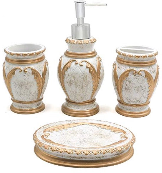 Set di accessori da bagno 4 pezzi Bianco e Oro - Bidet, Ospite per spazzolino da denti, Bacinella e Dispensatore di sapone