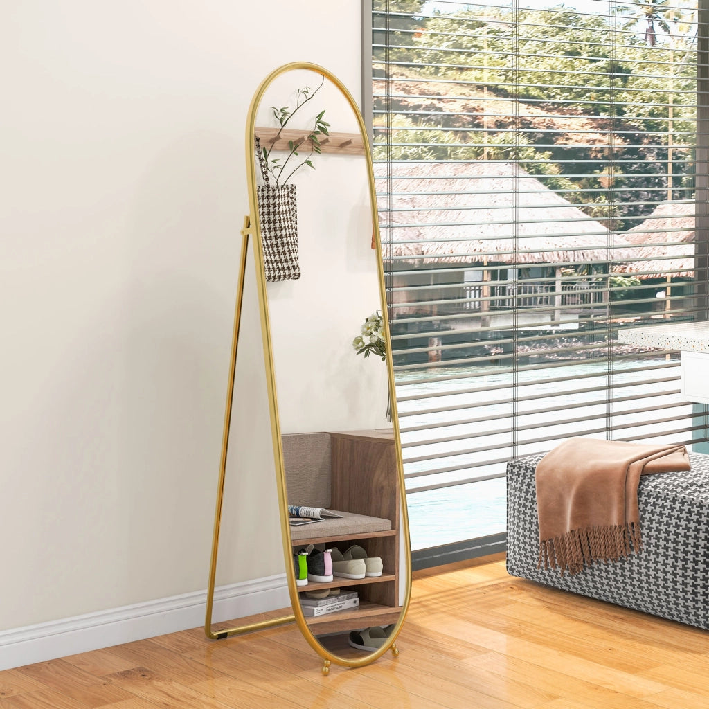 Specchio da terra ovale 160x40 cm con supporto richiudibile e telaio in metallo oro