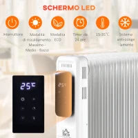 Calorifero a Olio a 9 Elementi, 3 Livelli di Riscaldamento e Timer, 42.5x24x63cm, Bianco