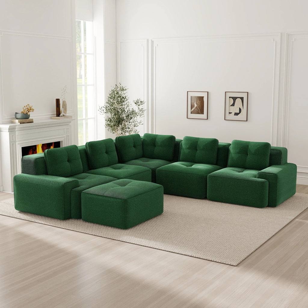 Divano angolare modulare in velluto a coste verde 295x295x69 cm con seduta profonda