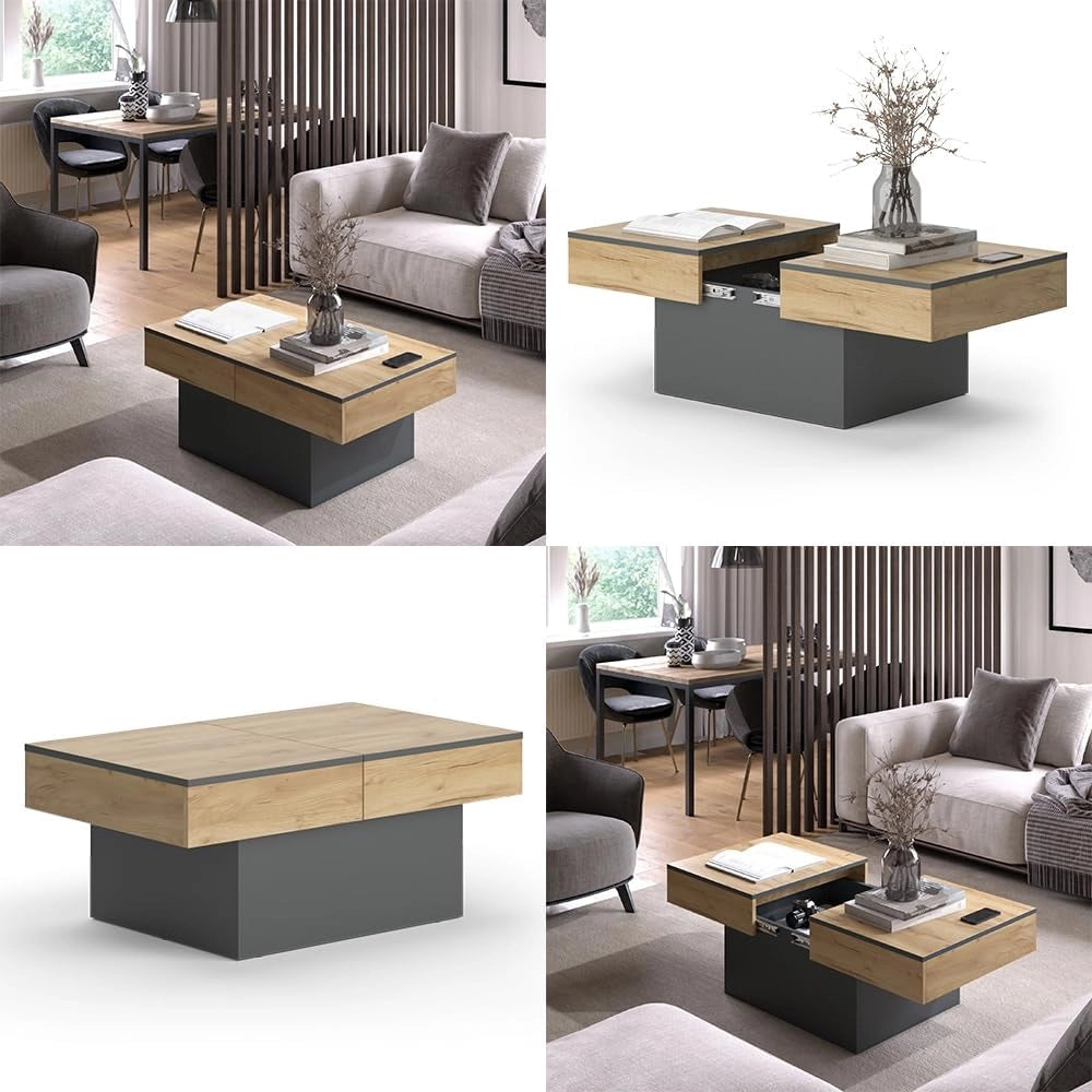 Tavolino Boto, Antracite/quercia dorata, 95 x 58 cm Estensibile, estendibile e pieghevole per un utilizzo flessibile negli ambienti domestici