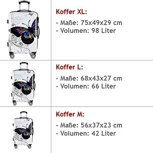 Monzana Set di valigie 3 pz trolley rigida Butterfly con lucchetto rotelle 360° bagaglio a mano valigia M L XL