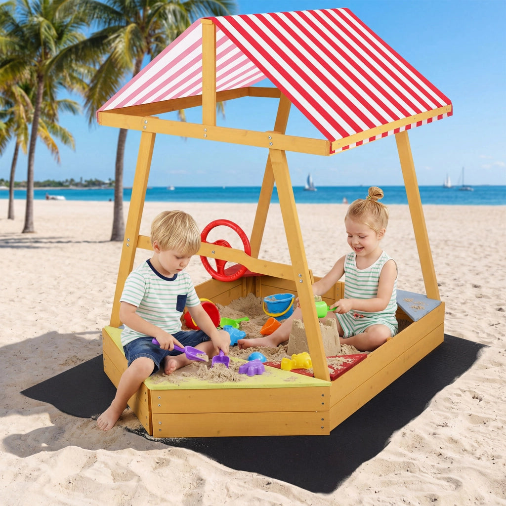Sabbiera per bambini in legno massello forma di barca, Sabbionaia con tetto parasole panca e sedile senza fondo con fodera