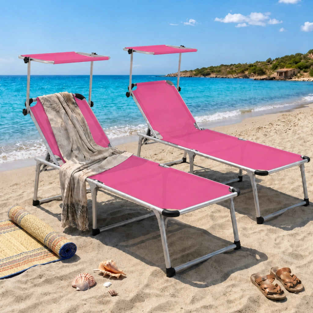 Prendisole Coppia Di Lettini Pieghevole Tettuccio Parasole Schienale Reclinabile Regolabile 6 Posizioni Struttura In Alluminio Sedia Sdraio Spiaggia Mare Giardino Piscina 187 x 59 x 29 Cm Rosa