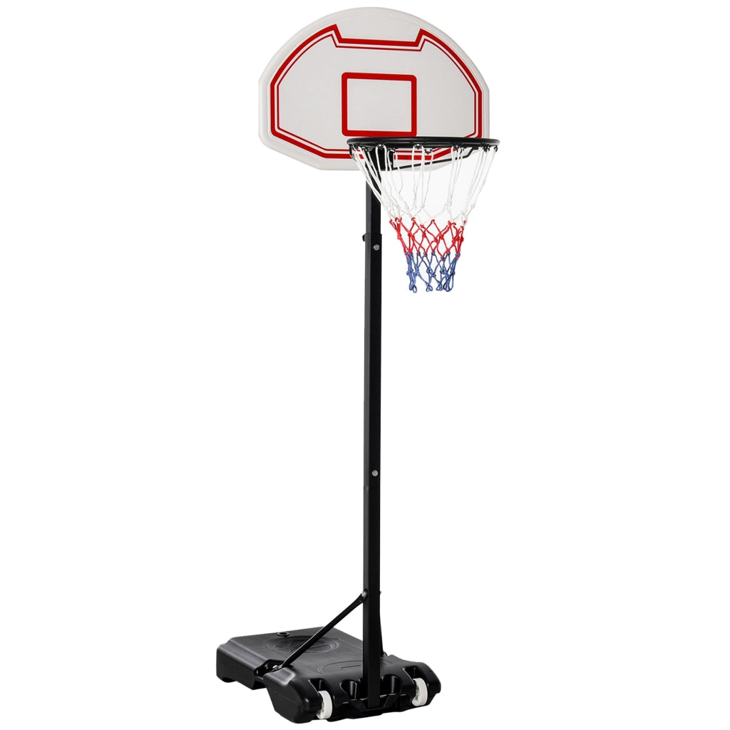 Canestro da basket regolabile in altezza con base riempibile e ruote, struttura in acciaio, bianco