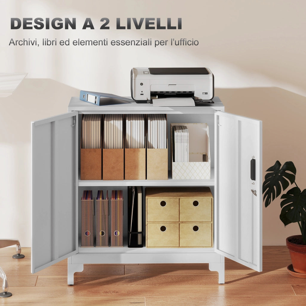 Mobile da Ufficio Portadocumenti con 3 Ripiani, 2 Ante e Chiavi, 80x35x91 cm, Bianco