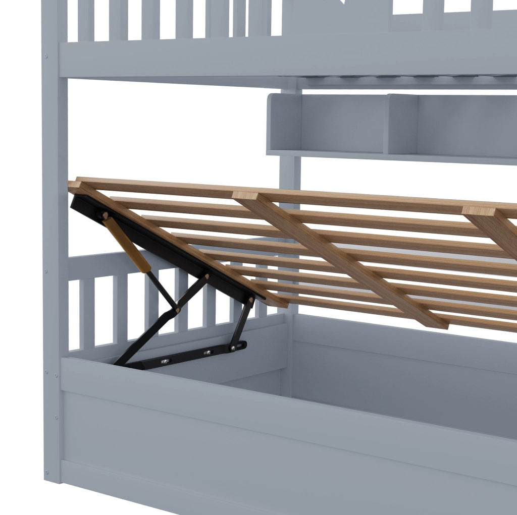 Letto a castello ULEVR 90x200 cm grigio con letto inferiore idraulico, scala contenitore e ripiani