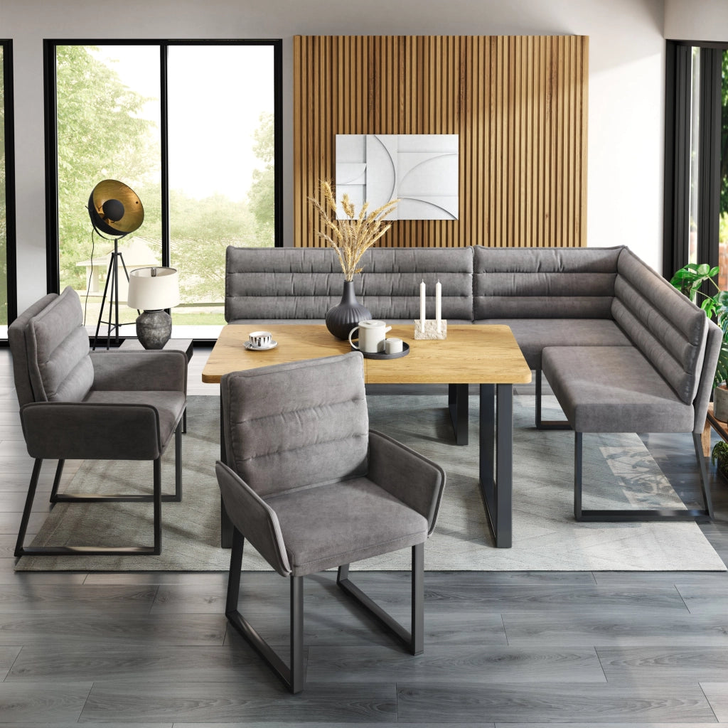 Set da pranzo ad angolo, composto da panca ad angolo e 2 poltrone, in ciniglia, grigio e color naturale