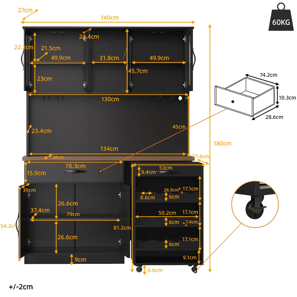 Armadio cucina 140 cm con carrello estraibile, illuminazione LED dimmerabile, 4 ante in vetro, cassetto e portabottiglie, nero