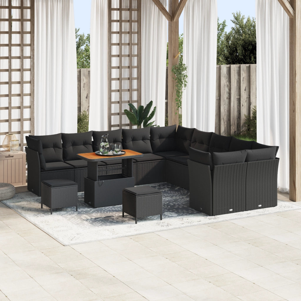 Set Divano Giardino 13 Pezzi con Cuscini Rattan Nero Acacia