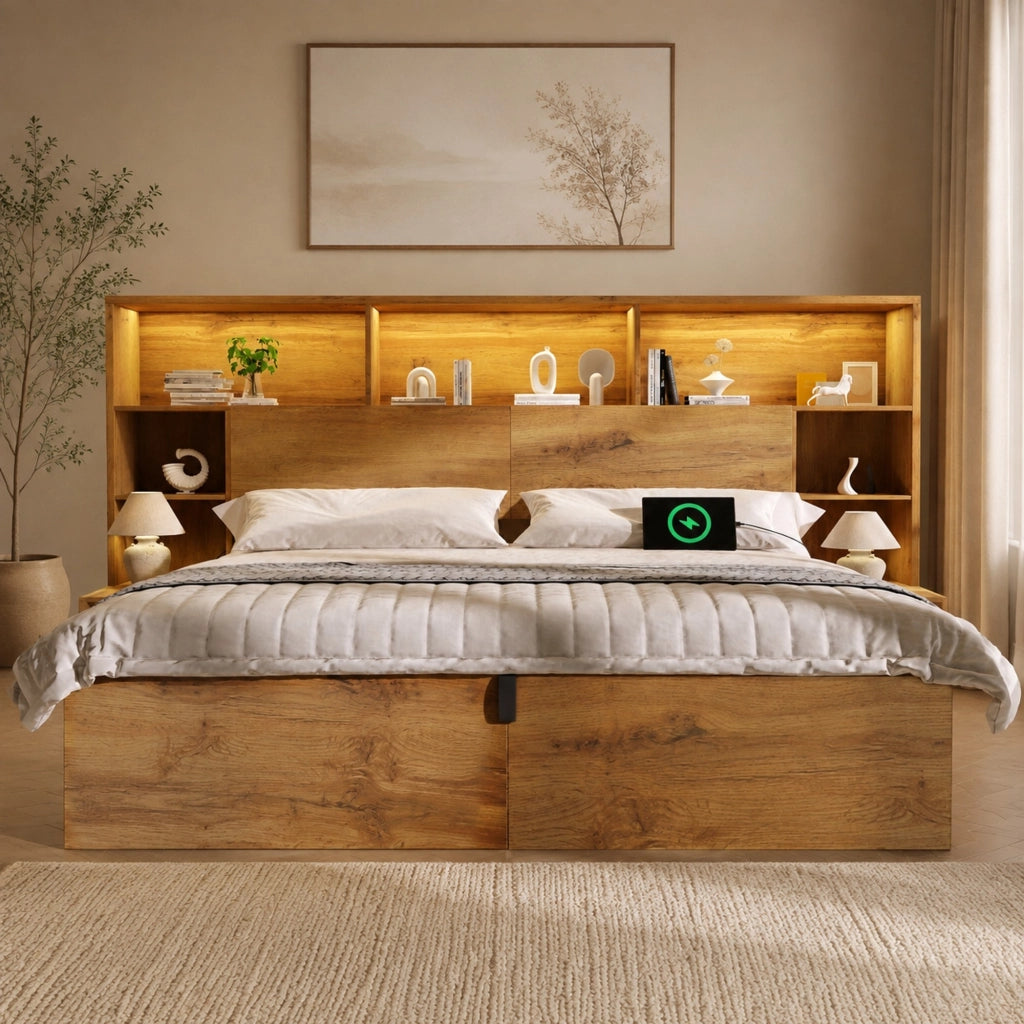 Letto matrimoniale 160x200 cm rovere con LED e USB-C