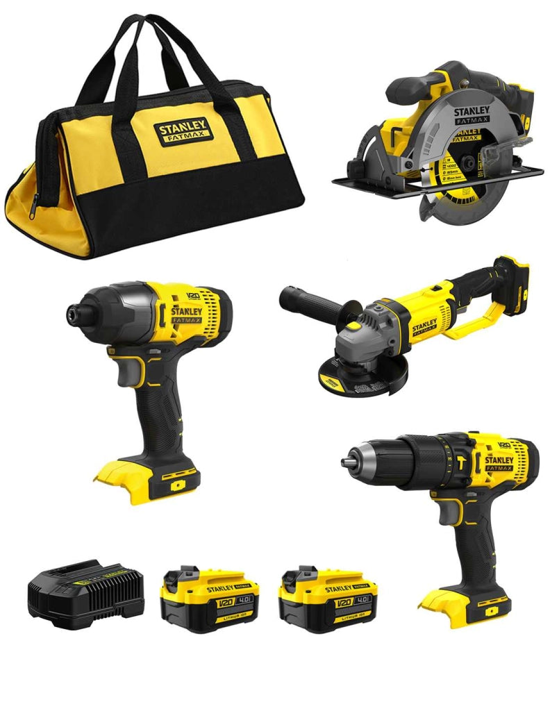 STANLEY FatMax Kit SFMCK469M2 (SFMCD711 + SFMCF800 + SFMCG400 + SFMCS500 + 2 x 4,0 Ah + Caricabatterie + Borsa XL)