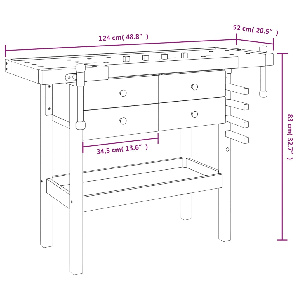 Banco Lavoro Cassetti e Morse 124x52x83cm Legno Massello Acacia 153322