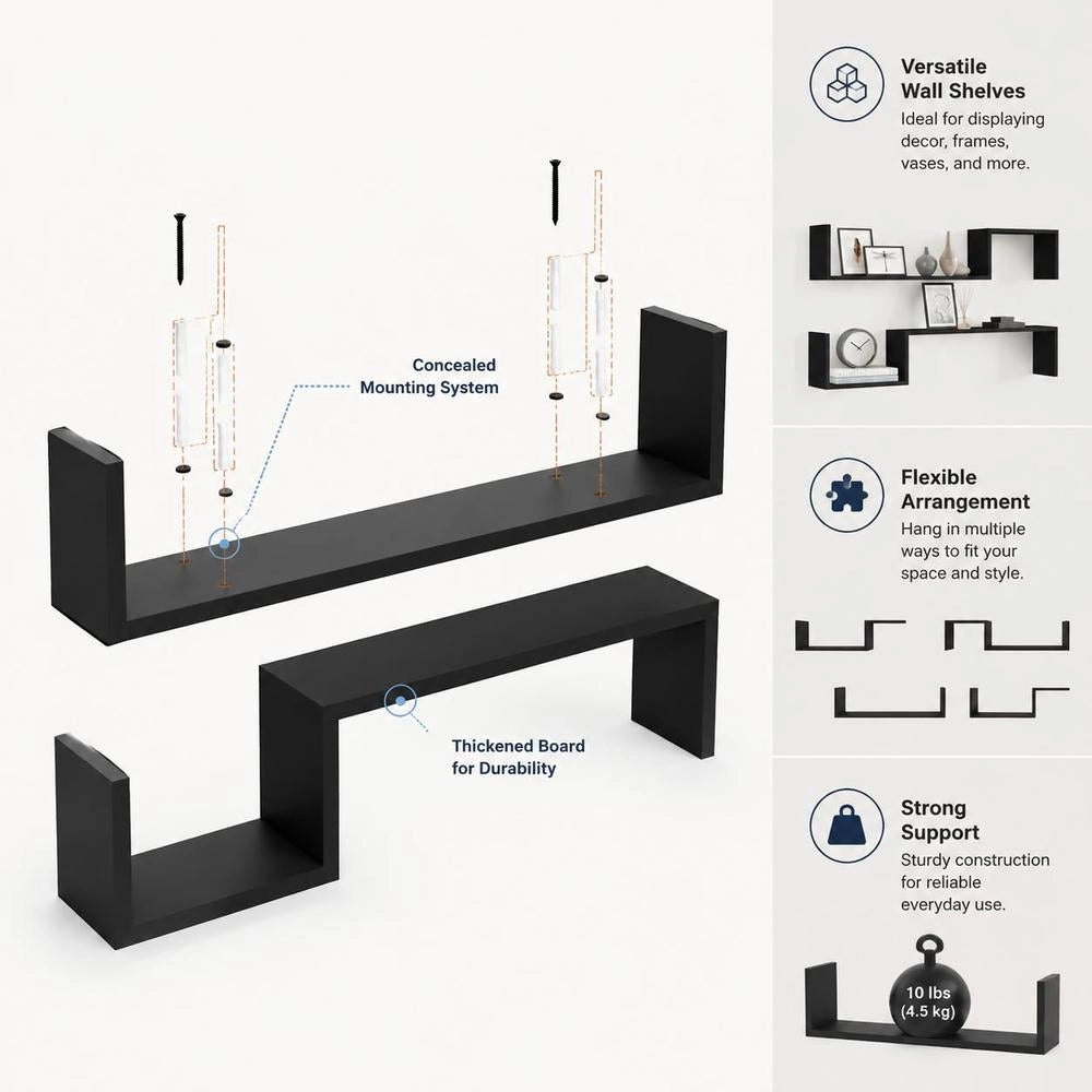 Wall Shelves, 2 Pieces, Black, 100x15x20 Cm, Wood-based Material
