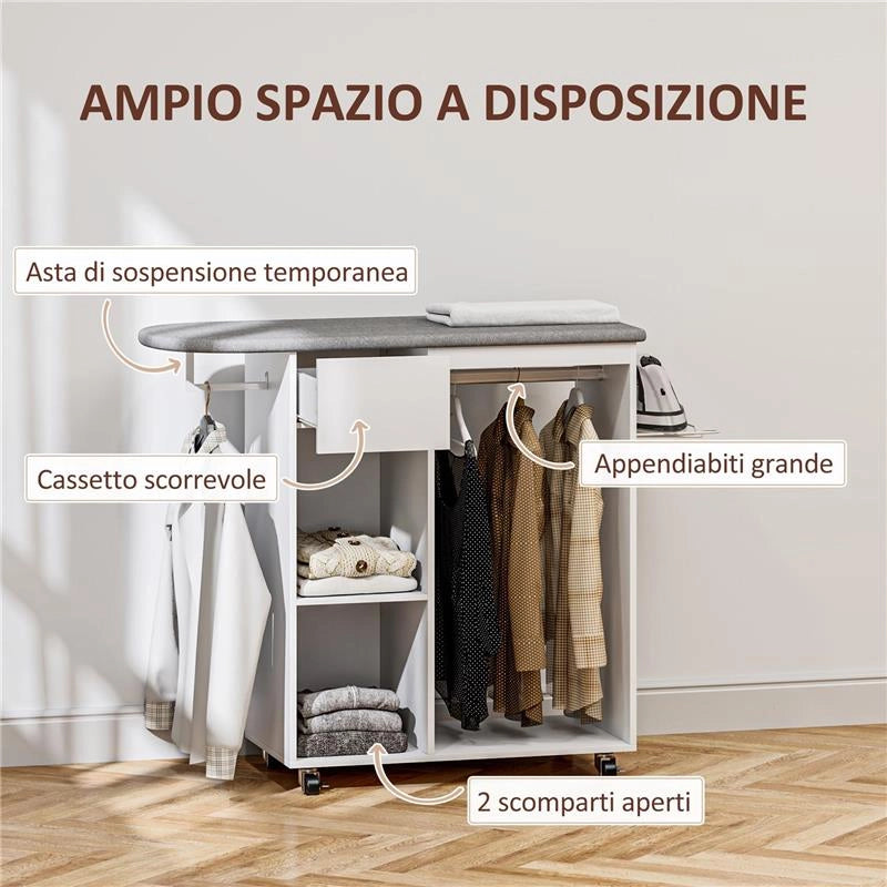 MOBILE ASSE DA STIRO CON RUOTE E PORTA FERRO BARRA PER ABITI CASSETTO E RIPIANI 125X43.5X112 CM BIANCO