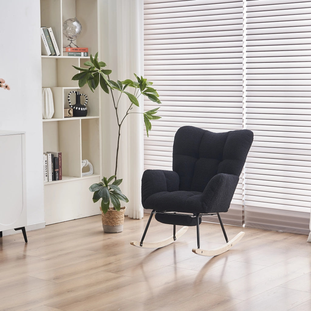 Poltrona Dondolo Reclinabile con Poggiapiedi ¨C MINIMAL ¨C Tessuto Teddy, Nero
