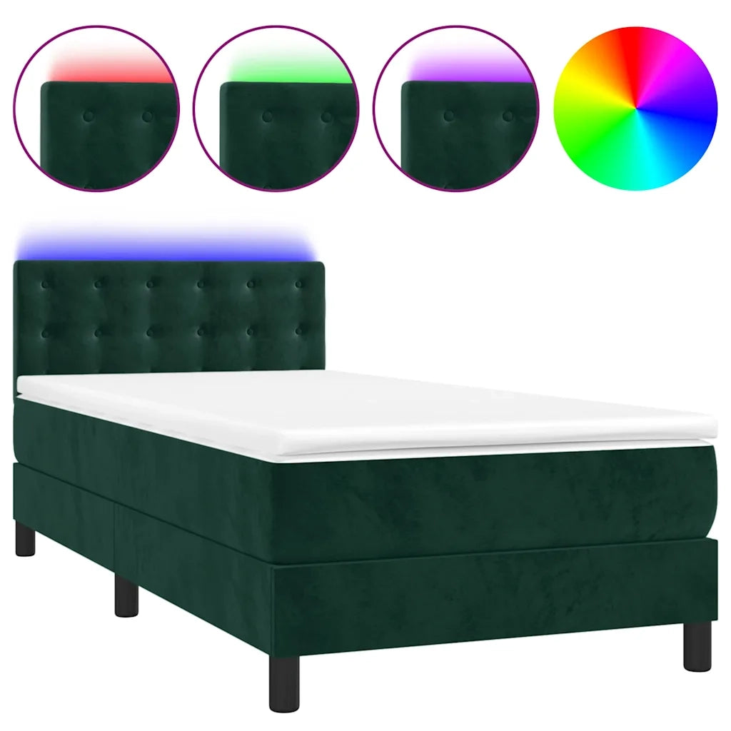 Letto a Molle con Materasso e LED Verde Scuro 90x200cm Velluto 3134624
