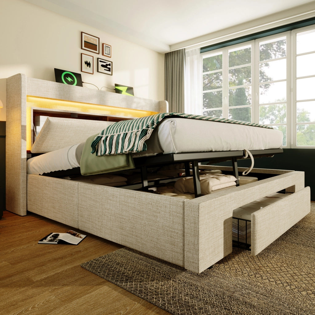 Letto imbottito in lino beige 140x200 vano idraulico LED USB doghe con materasso