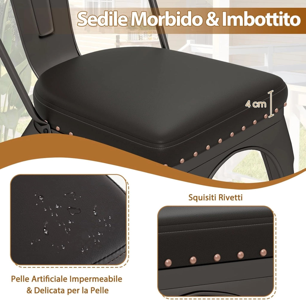 4 Sgabelli Cucina 53 x 44 x 84 cm, Sedie Impilabili con Schienali Rimovibili e Sedile Imbottito in Finta Pelle, Sgabelli in Metallo per Ristorante, Bistro e Bar (Colore Ruggine)