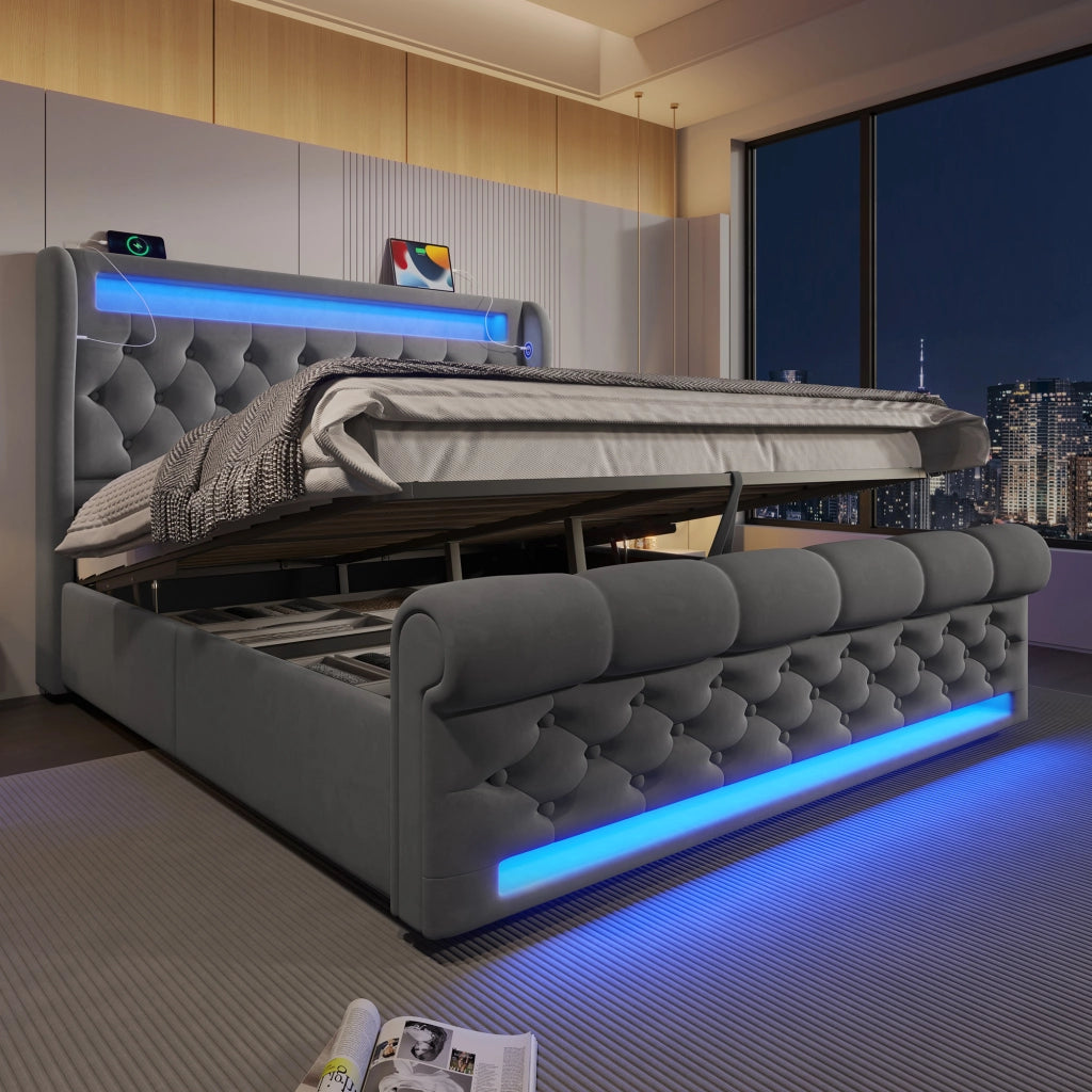 Letto matrimoniale in velluto grigio 140x190 LED testiera contenitore vano idraulico
