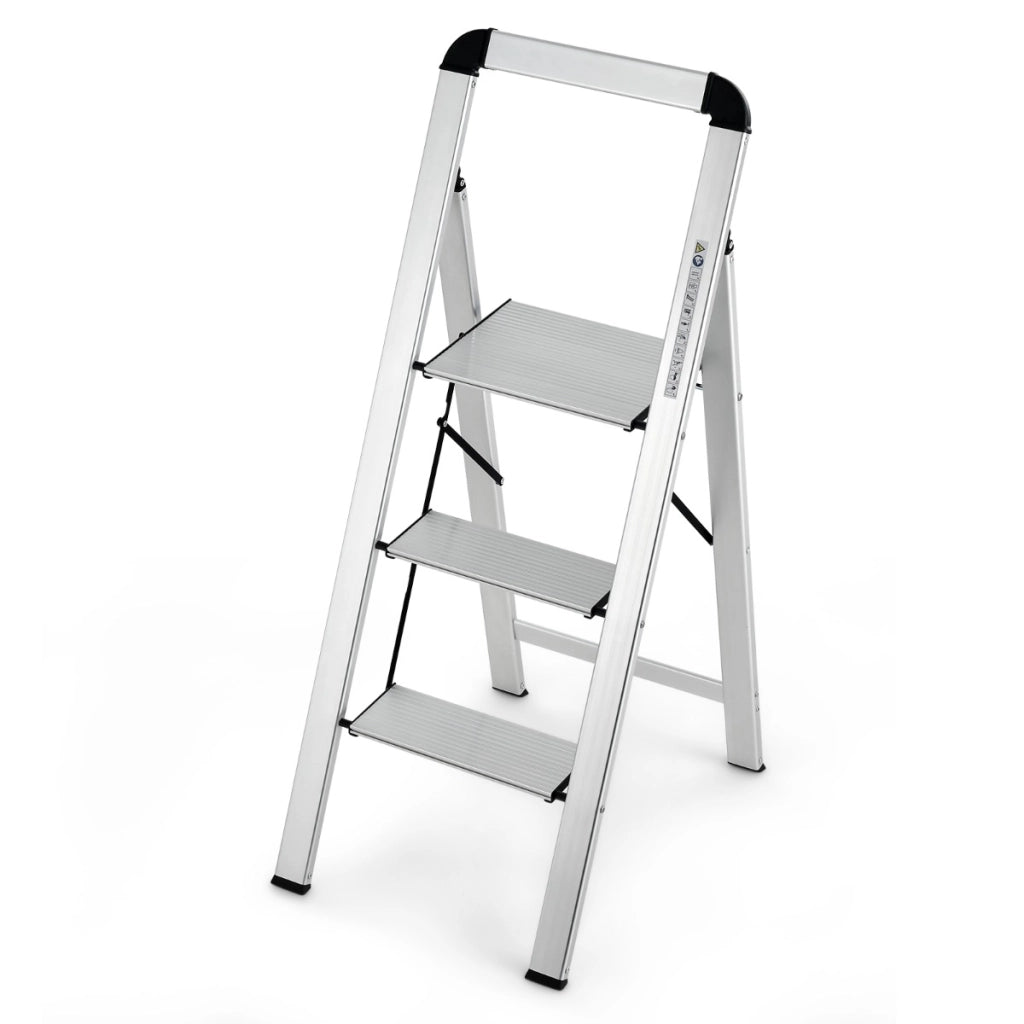 Scala pieghevole in alluminio con gradini antiscivolo e poggiapiedi, Scala portatile portata 150kg 44x62x109cm-Scale e ponteggi