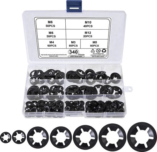 Set di anelli di chiusura interno assortito M3, M4, M5, M6, M8, M10, M12, nero, 340 pezzi