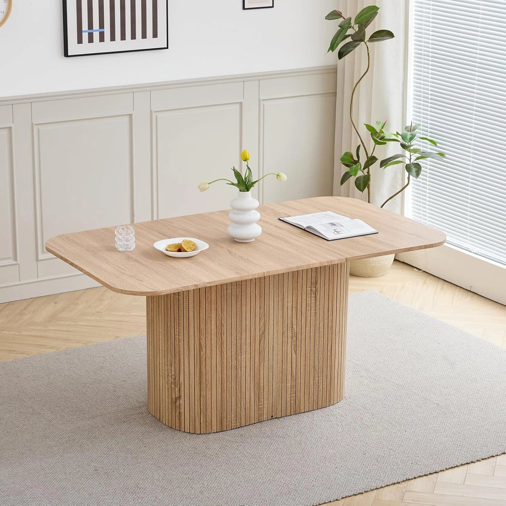 GrandCA HOME Tavolo da Pranzo Rettangolare con Angoli Arrotondati, Tavolo da Pranzo Moderno Cucina da 160 cm con Base in Legno, Ampio Piano di Lavoro in MDF, per 4-8 Persone, Travertino Giallo