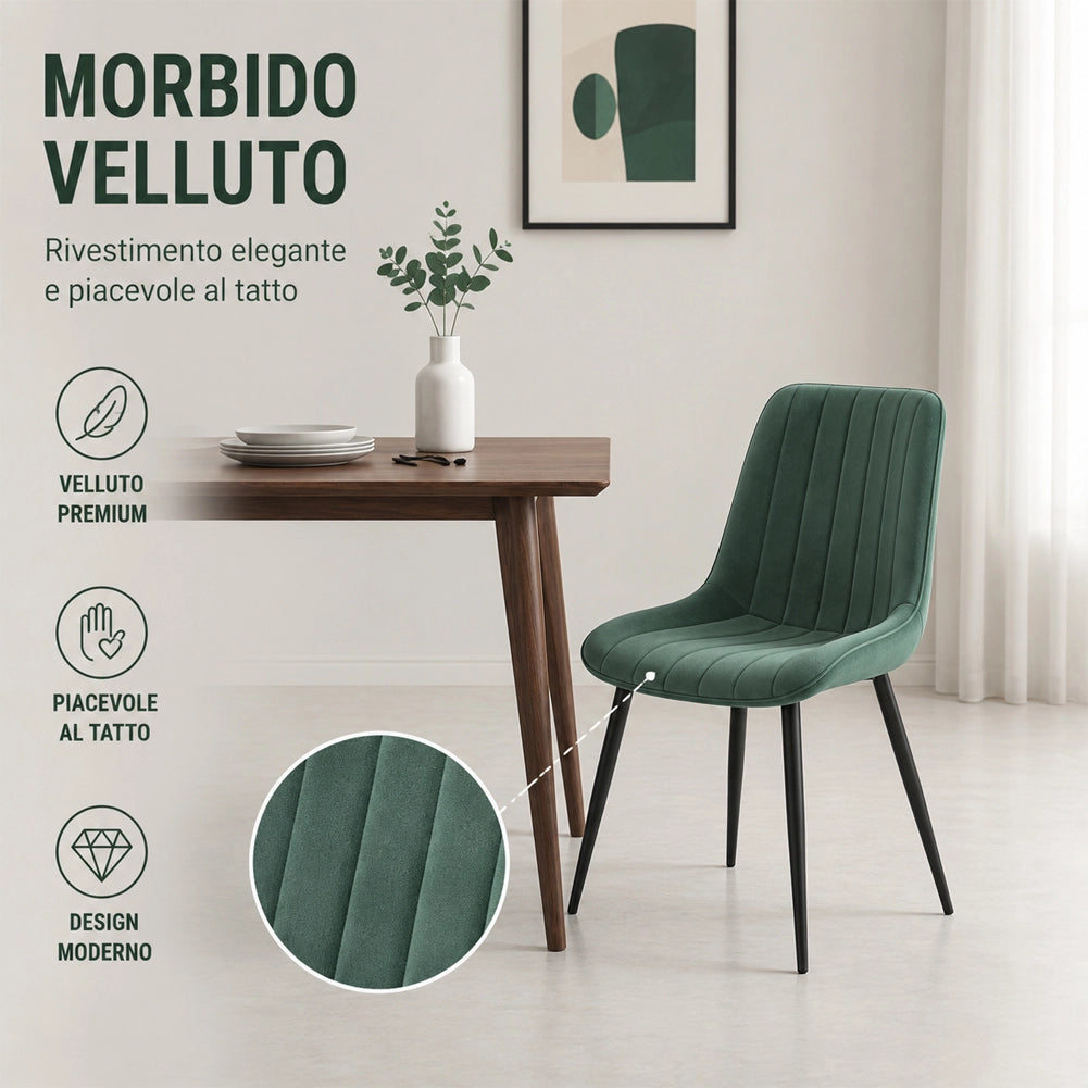Set 4 Sedie da Pranzo Verdi in Velluto Seduta Ergonomica e Struttura in Acciaio
