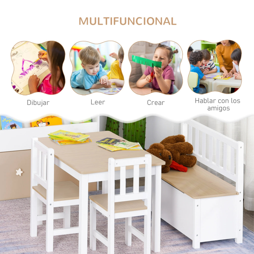 Tavolo bambini con 2 sedie e banco con cassetti ¨C zephmum ¨C bianco e naturale