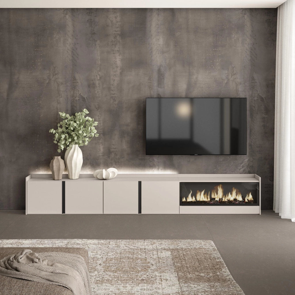 Mobile TV Soggiorno, 315x50x35 cm, Per TV fino a 80", Camino elettrico XXL, LED, Beige