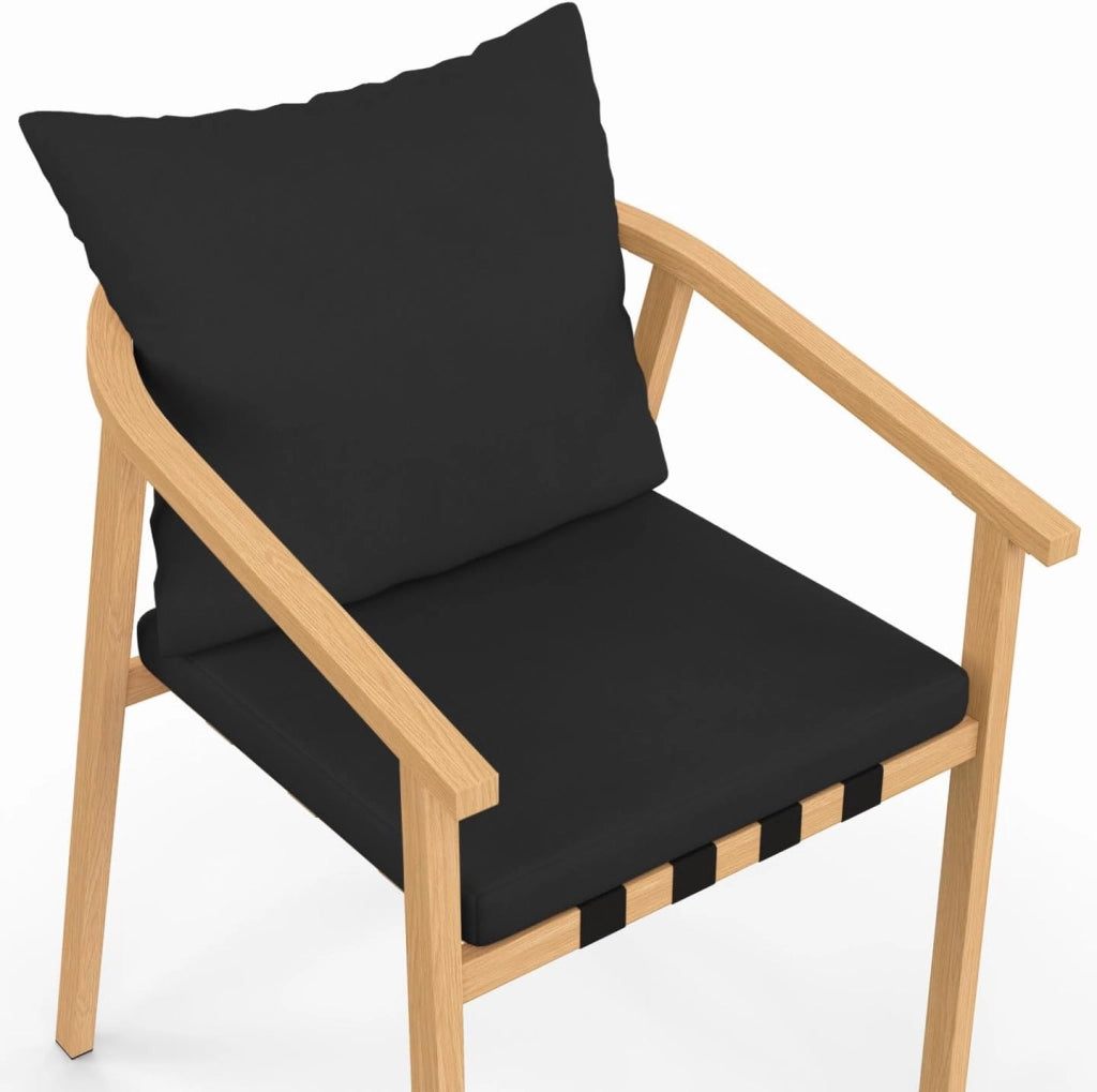 Set di 4 sedie da giardino Malta struttura in metallo effetto legno, cinghie e cuscini neri