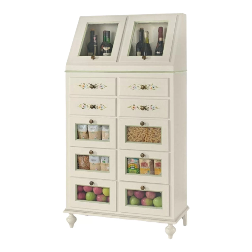 Dispensa 10 cassetti 2 ante legno bianco sporco e profili verdi 80x42x153 (501) - Mobili 2G